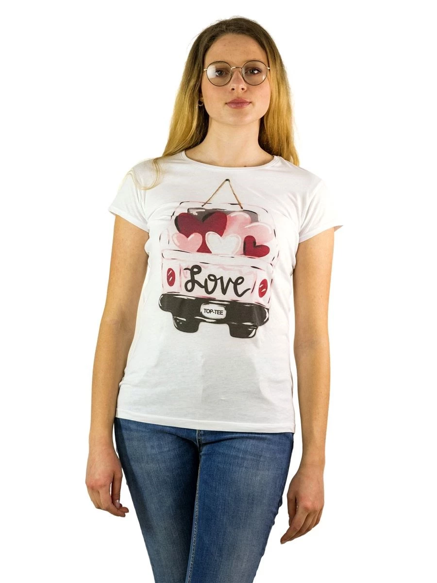 T-Shirt Donna M/C Stampa Love Macchinina-Made in Italy