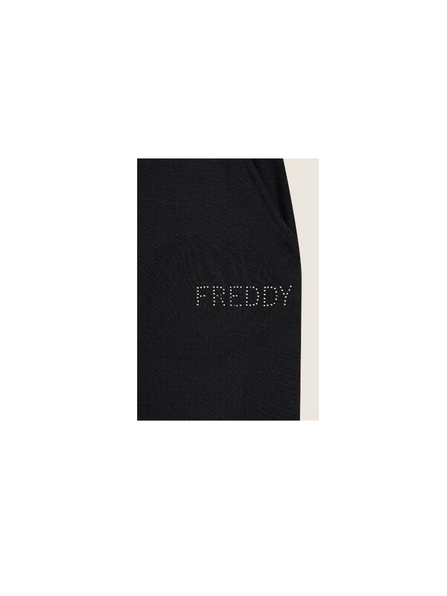 Pantaloni wide leg da donna con logo in strass bicolore