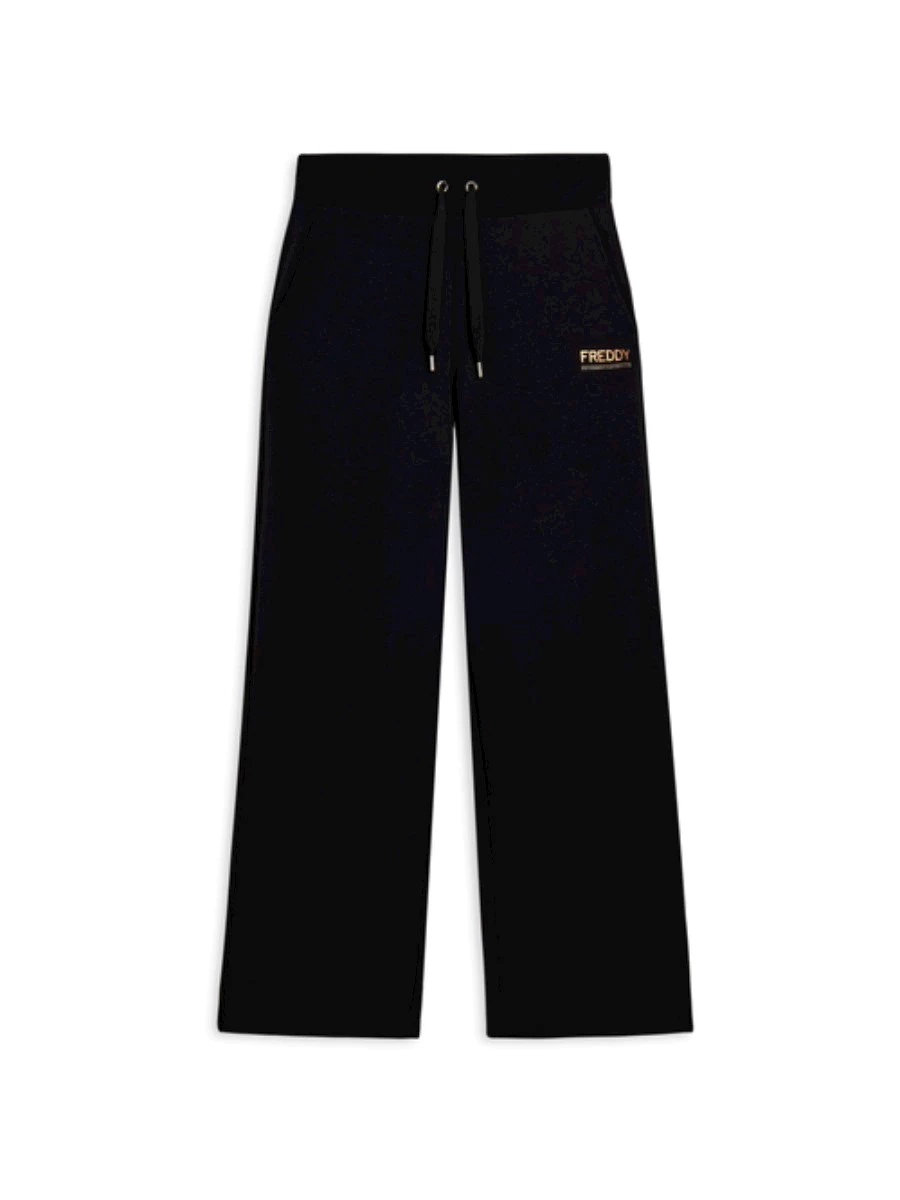 Pantaloni wide leg da donna con logo in strass bicolore