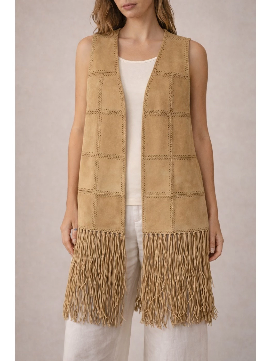 Long eco suede vest with fringes PHO Firenze