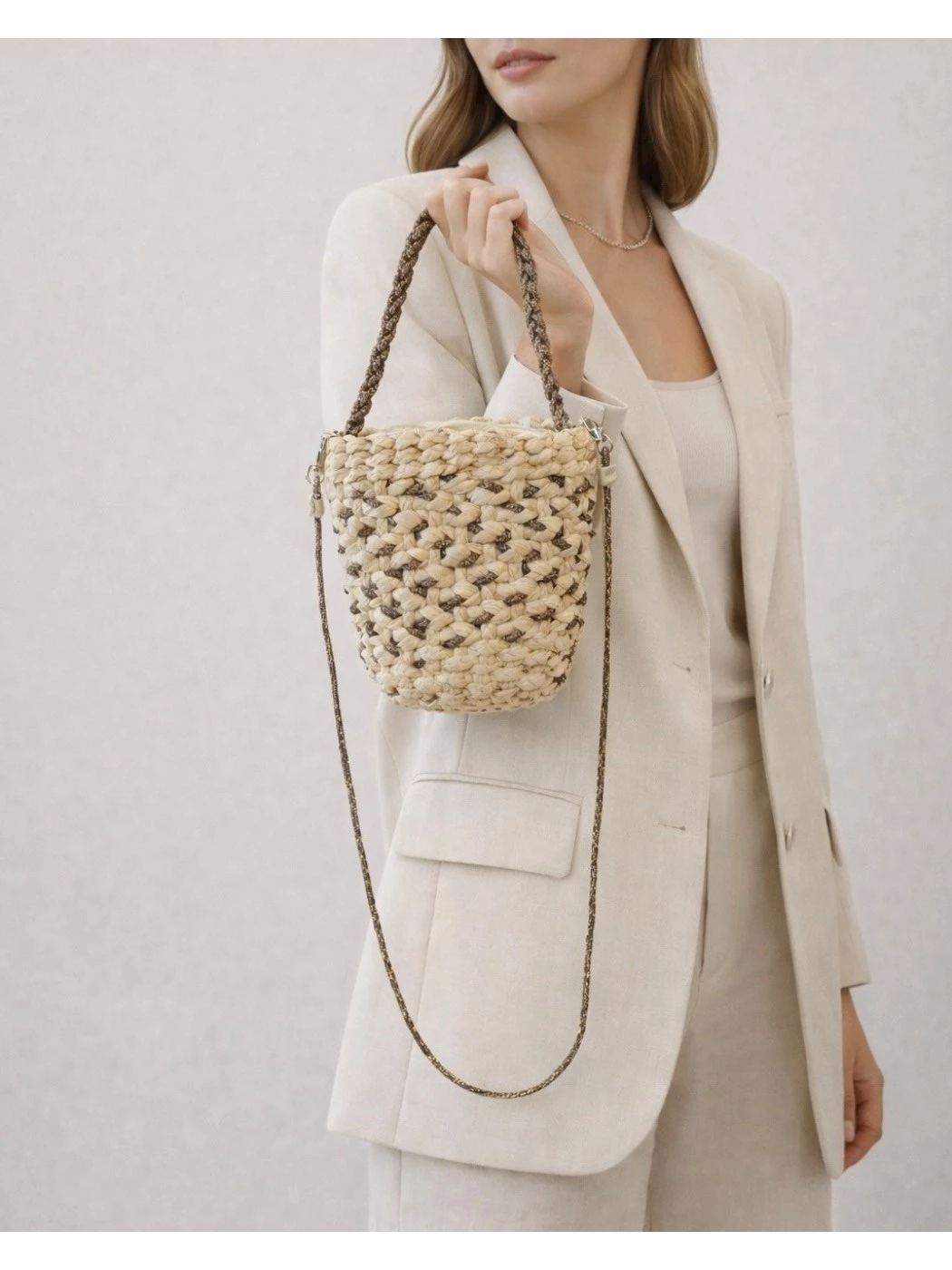 PHO Firenze woven bucket bag with shoulder strap