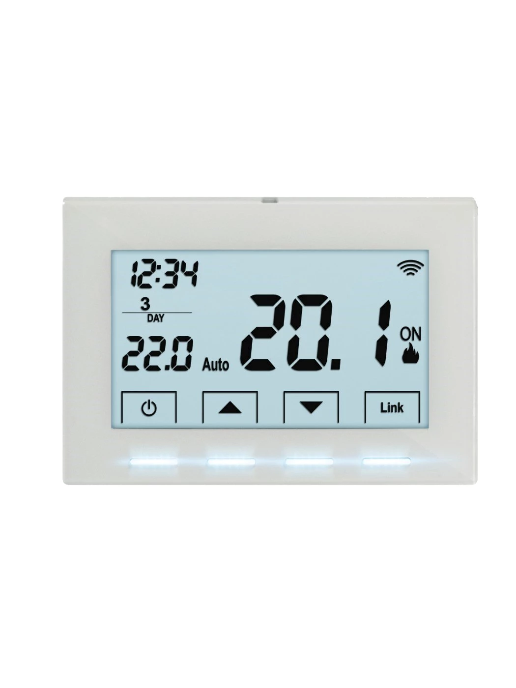 Termostato ambiente elettronico digitale con visualizzazione della  temperatura ambiente. In scatola piatta di linea elegante e raffinata.