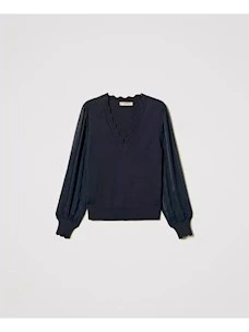 Twinset Actitude striped creponne sleeve sweater