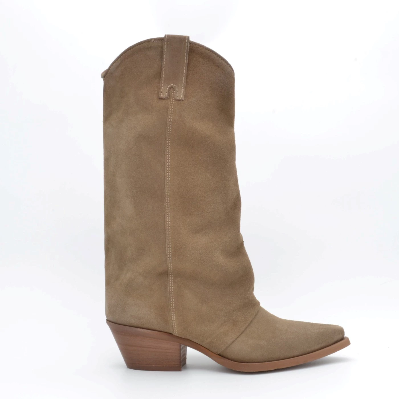 Volta49 DX909 stivale texano in camoscio tortora tacco 3,5 cm