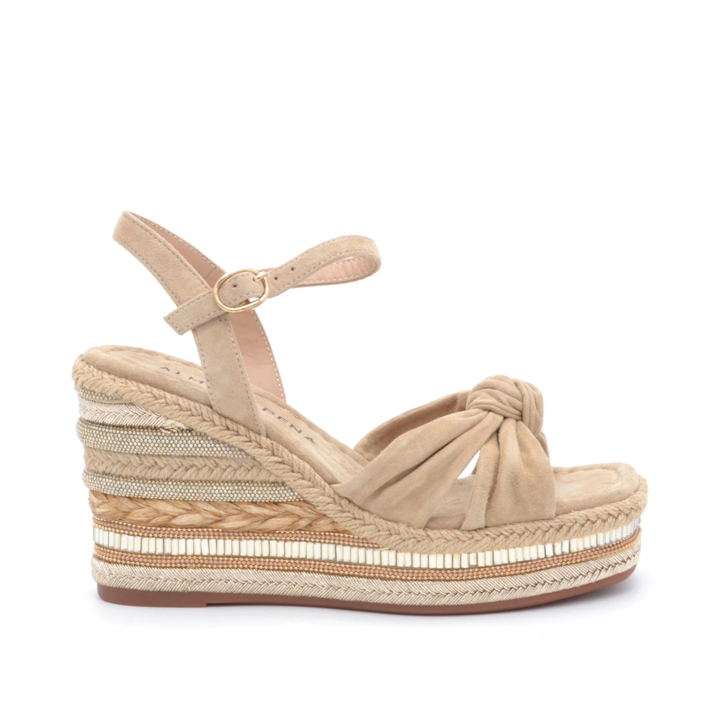Alma en Pena V251280 sandalo camoscio beige zeppa rafia e strass