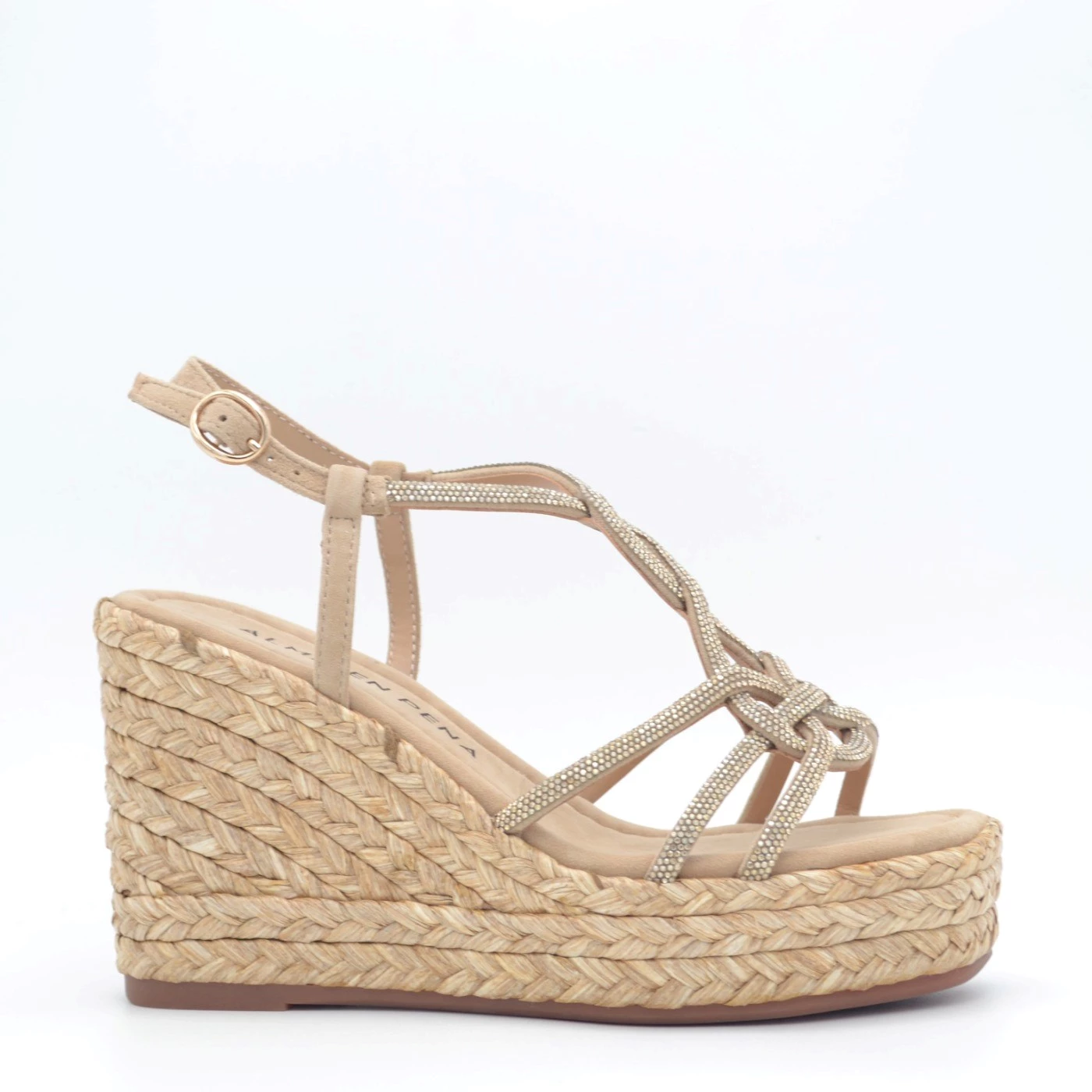 Alma en Pena V2551273 sandalo strass beige e bronzo zeppa rafia