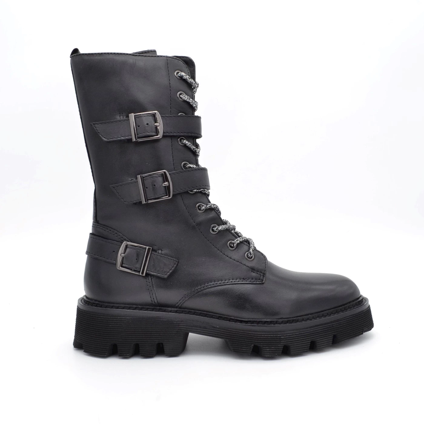 Vueva UB36 5205 stivaletti anfibi in pelle nera 3 fibbie