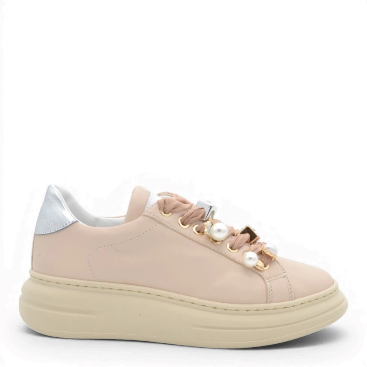 Meline 665 ACC BI sneakers donna pelle beige accessorio gioiello