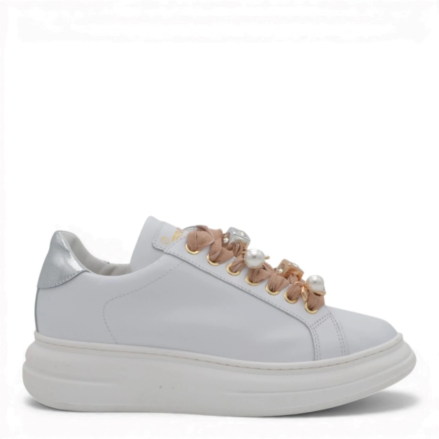 Meline 665 sneakers donna pelle bianca accessori gioiello