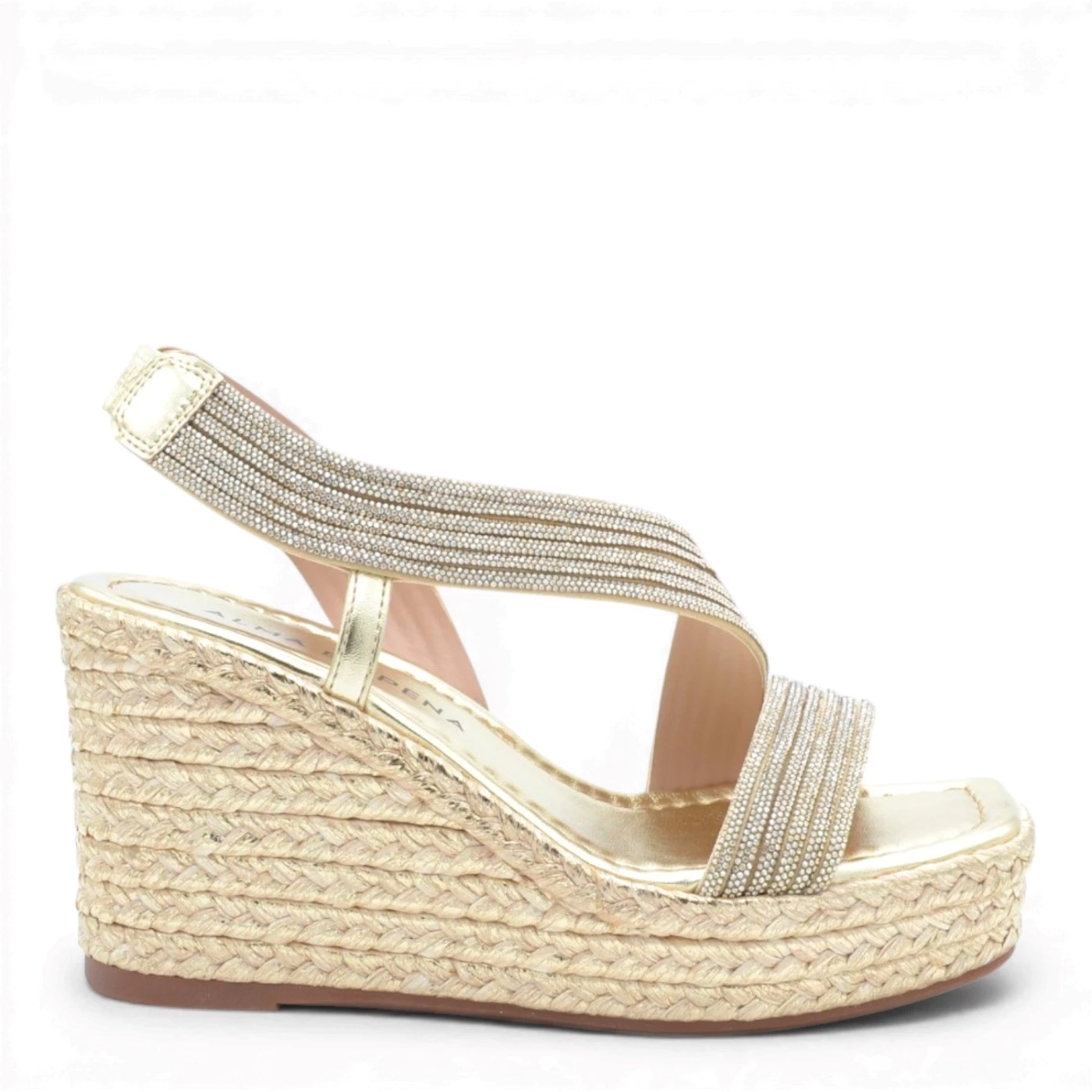 Alma en Pena V2651116 sandalo con strass oro e zeppa rafia