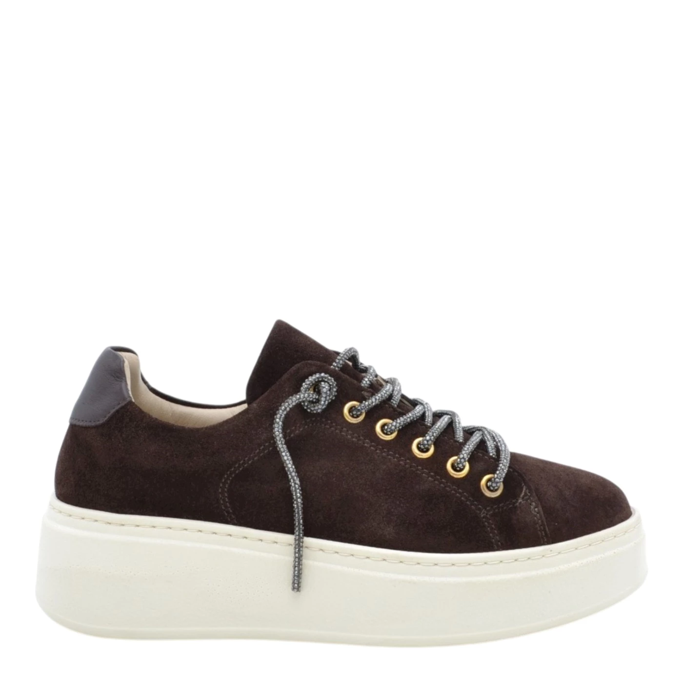 Step 278502 sneaker in camoscio cioccolato con stringa gioiello