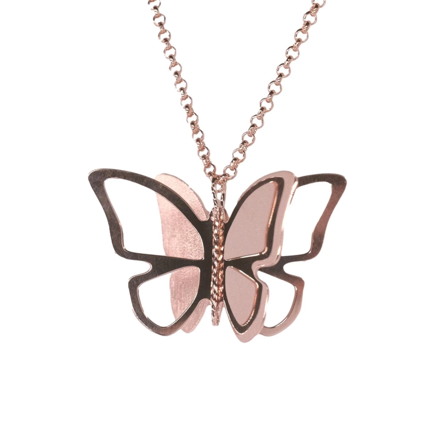 Collana 3D Farfalla satinata Placcato Oro Rosa