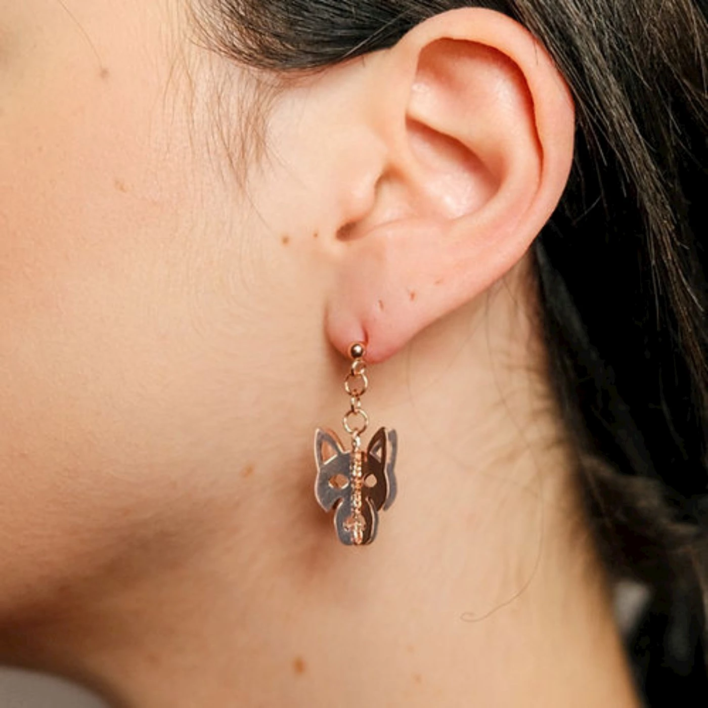 Orecchino 3D Lupo Placcato Oro Rosa