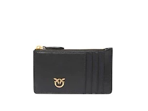 PINKO AIRONE CARDHOLDER CALFSKIN BLACK-ANTIQUE GOLD