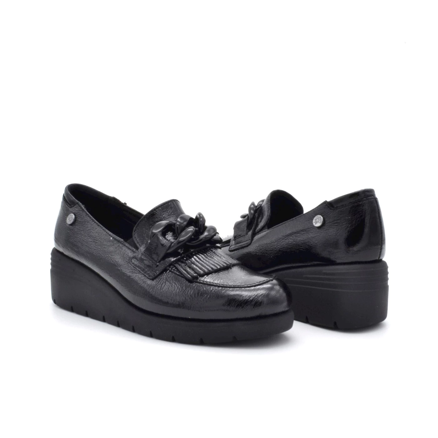 Mocassini Donna Melluso Nero Vernice Con Zeppa 5 Cm E Catenella Decorativa - K55272